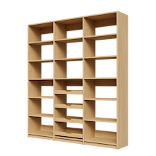 Four wood pull-out drawers in 75 inch natural oak reach in pantry.