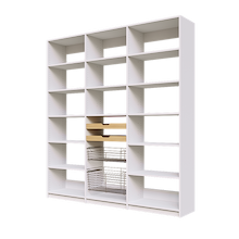 Two wood pull-out drawers and two pull-out wire baskets in a 75 inch white reach in pantry.