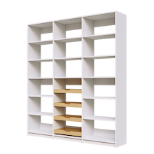 Four wood pull-out drawers in a 75 inch white reach in pantry.