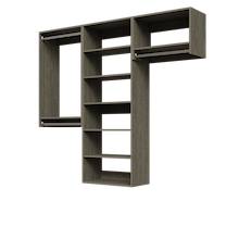 Grey 76.5-inch woodgrain Vista Total Closet Kit, empty, with a shelf tower, double hanging, and tall hanging