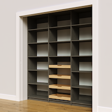 Four wood pull-out drawers in 78 inch grey kitchen pantry shelving.