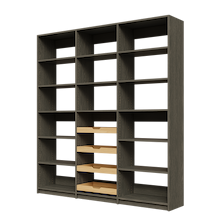 Four sliding wood shelves featured in 78 inch grey pantry.