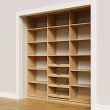 Four wood pull-out drawers in 78 inch natural oak pantry shelving.