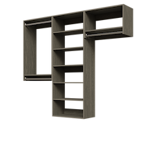 Grey 79.5-inch woodgrain Vista Total Closet Kit, empty, with a shelf tower, double hanging, and tall hanging