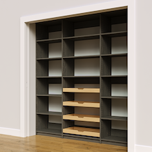 81 inch grey pantry shelving layout with sliding wood drawers.