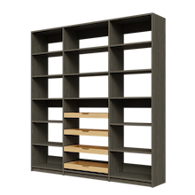 Four wood pull-out drawers in 81 inch grey pantry for dry goods.