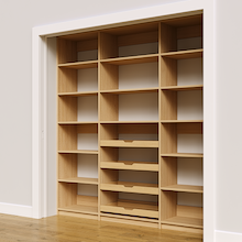 81 inch natural oak pantry shelving layout with sliding wood drawers.