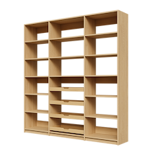 Four wood pull-out drawers in 81 inch natural oak pantry shelving for bulk food items.