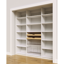 81 inch white pantry shelving layout with wood pull-out drawers and pull-out wire baskets.