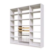 Two wood pull-out drawers and two pull-out wire baskets in 81 inch white pantry shelving for dry goods.