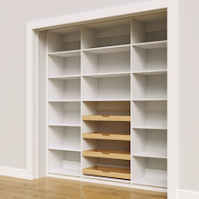 81 inch white pantry shelving layout with sliding wood drawers.