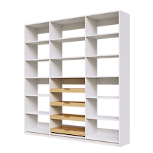 Four wood pull-out drawers in 81 inch white pantry shelving for dry goods.