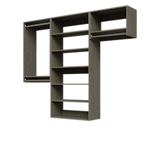 Grey 82.5-inch woodgrain Vista Total Closet Kit, empty, with a shelf tower, double hanging, and tall hanging
