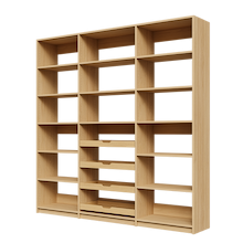 Four sliding wood shelves in an 84 inch natural oak kitchen pantry.
