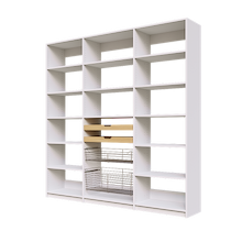 Two wood pull-out drawers and two pull-out wire baskets featured in 84 inch white pantry shelving.