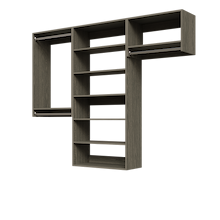 Grey 85.5-inch woodgrain Vista Total Closet Kit, empty, with a shelf tower, double hanging, and tall hanging