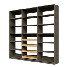 Adjustable shelf details and four wood pull-out drawers on 87 inch grey pantry shelving.