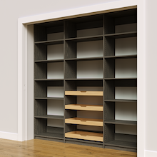 Four wood pull-out drawers in 87 inch grey pantry shelving.