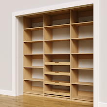 Adjustable shelf details and four wood pull-out drawers on an 87 inch natural oak pantry.