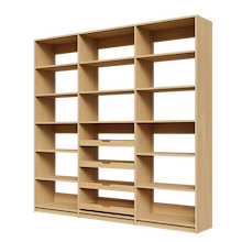 Four wood pull-out drawers in 87 inch natural oak pantry shelving.