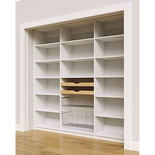 Adjustable shelf details, two wood drawers, and two pull-out wire baskets on 87 inch white pantry shelving.