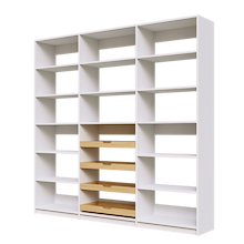 Four wood pull-out drawers featured in 87 inch white pantry shelving.