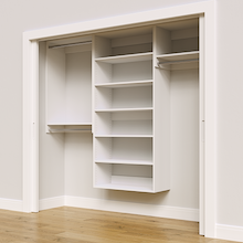White 88.5-inch Vista Total Closet Kit, angled view, empty, with tall hanging in a reach-in closet