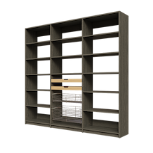 Two wood pull-out drawers and two pull-out wire baskets in a 90 inch grey kitchen pantry.