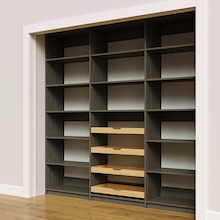 Large grey 90 inch pantry storage for kitchen walls with four wood pull-out drawers.