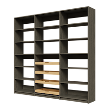 Four wood pull-out drawers in 90 inch grey kitchen pantry.