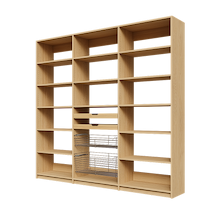 Two wood pull-out drawers and two pull-out wire baskets in a 90 inch natural oak pantry.
