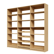 Four wood pull-out drawers in a 90 inch natural oak pantry.