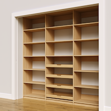 Large natural oak 90 inch pantry storage for kitchen use with four wood pull-out drawers.
