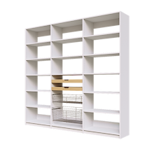 Two wood pull-out drawers and two pull-out wire baskets in 90 inch white kitchen pantry shelving.