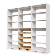 Four wood pull-out drawers in 90 inch white kitchen pantry shelving.