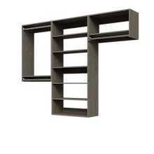 Grey 91.5-inch woodgrain Vista Total Closet Kit, empty, with a shelf tower, double hanging, and tall hanging