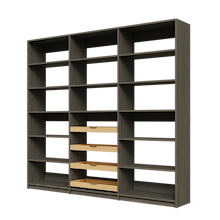Four sliding wood drawers in 93 inch grey kitchen pantry shelving.