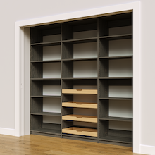 93 inch grey pantry storage with four wood pull-out drawers.