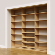 93 inch natural oak pantry storage with four wood drawers.