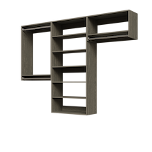 Grey 94.5-inch woodgrain Vista Total Closet Kit, empty, with a shelf tower, double hanging, and tall hanging
