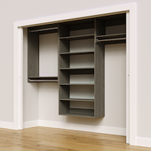 Grey 94.5-inch woodgrain Vista Total Closet Kit, angled view, empty, with tall hanging in a reach-in closet