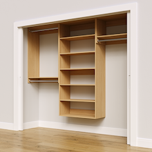 Natural oak 94.5-inch woodgrain Vista Total Closet Kit, angled view, empty, with tall hanging in a reach-in closet