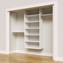 White 94.5-inch Vista Total Closet Kit, angled view, empty, with tall hanging in a reach-in closet