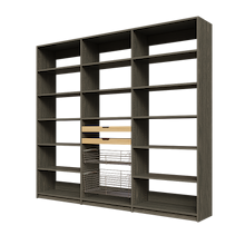 Two wood pull-out drawers and two pull-out wire baskets in 96 inch grey reach in pantry shelving.