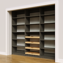 96 inch grey pantry shelving layout with four wood pull-out drawers.