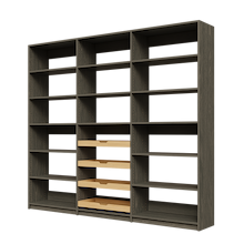 Four wood pull-out drawers in 96 inch grey reach in pantry shelving.