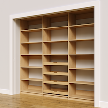 96 inch natural oak pantry shelving layout with four wood pull-out drawers.