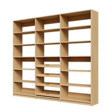 Four wood pull-out drawers in a 96 inch natural oak reach in pantry.