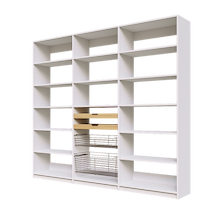 Two wood pull-out drawers and two pull-out wire baskets in 96 inch white reach in pantry shelving.