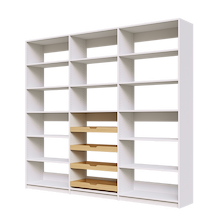 Four wood pull-out drawers in 96 inch white reach in pantry shelving.